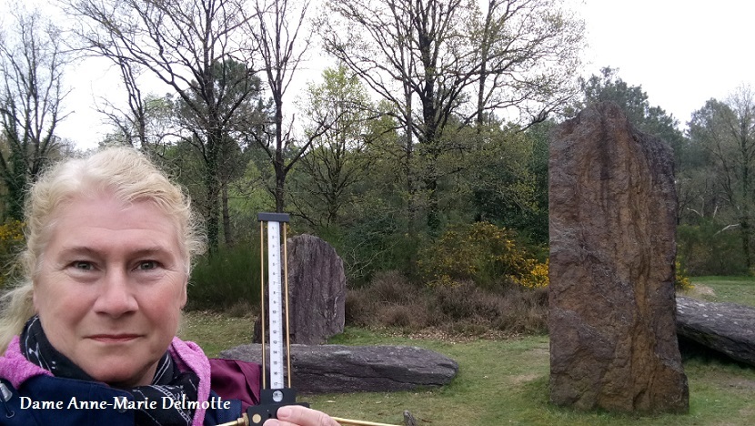 Anne-Marie Delmotte at the standing stones of Monteneuf in Brittany, one of the Megalithic sites she researched with the Lecher antenna